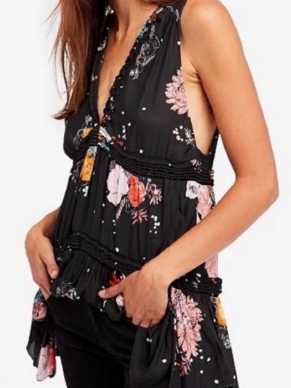 Free People Charcoal Grey Floral Boho Indie Tiered Tunic Pink Orange Ruffle Tier